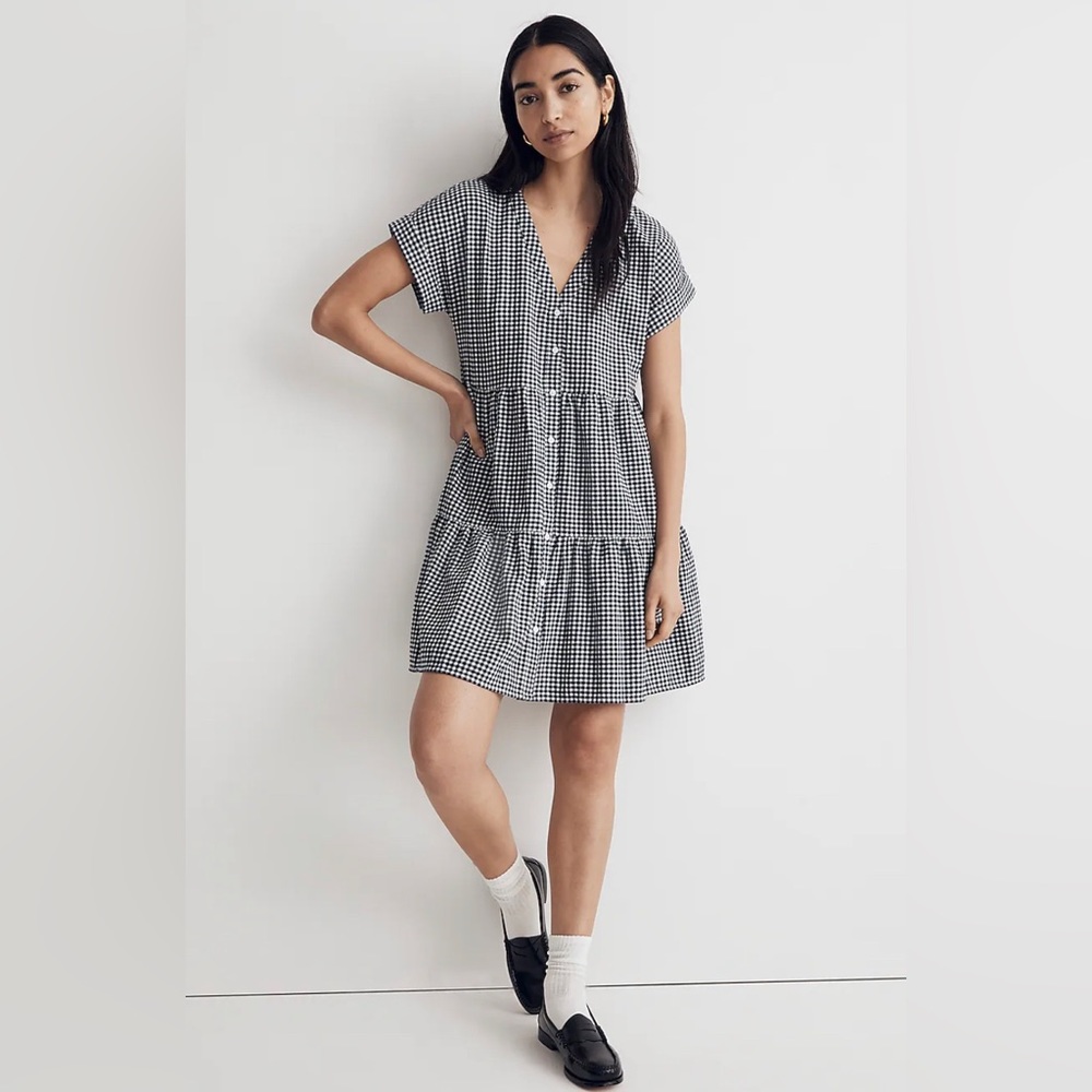 Madewell Cuff-Sleeve Button-Front Tiered Mini Dress in Gingham Check - Size S